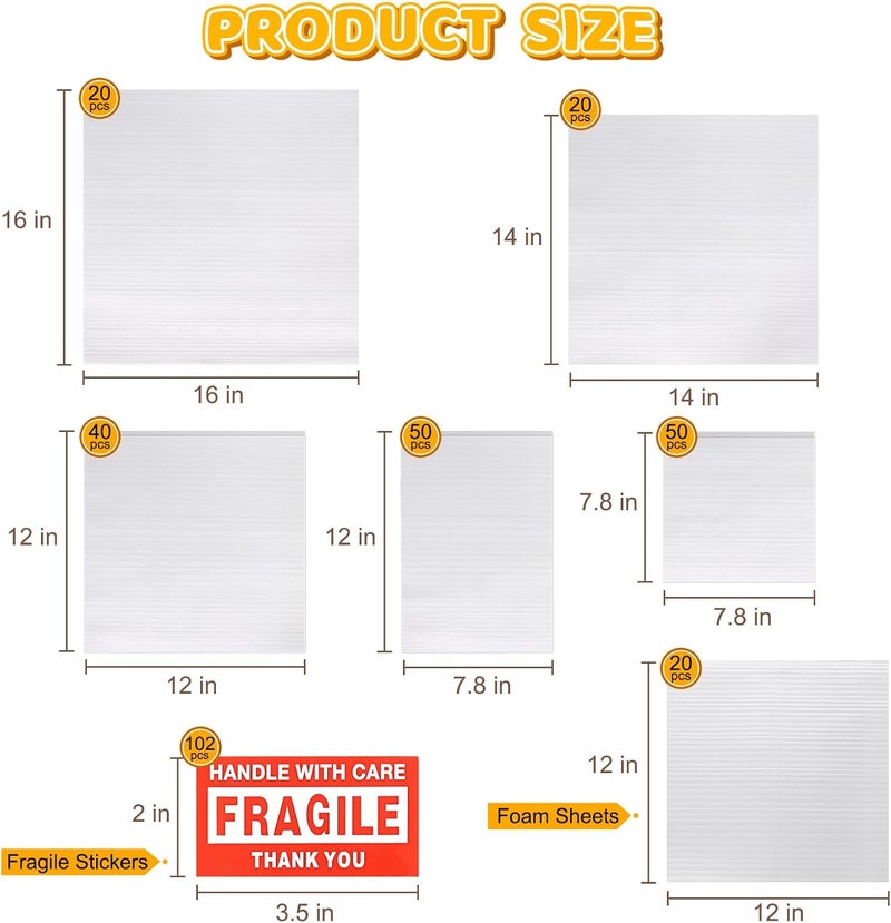 VIOBEPASS 302 Pcs Packing Moving Foam Pouches & Sheets, 5 Sizes Cushion Foam Wrap Pouches with Fragile Stickers for Protect Dishes Cup Glasses Storage Supplies (7.8X7.8", 7.8X12", 12X12", 14X14", 16X16") - Image 2
